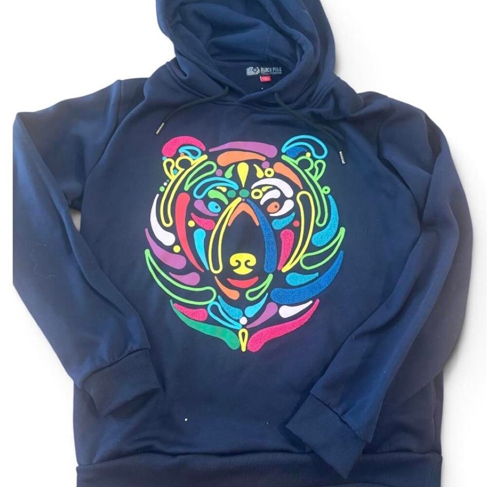 Black Pike XL Colorful Bear Graphic Hoodie Chenille Embroidered Streetwear